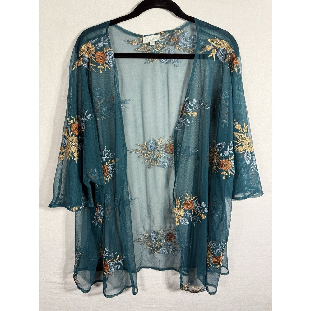 Chenault Embroidered Mesh Kimono Cardigan Medium Teal Floral Sheer Open Front
